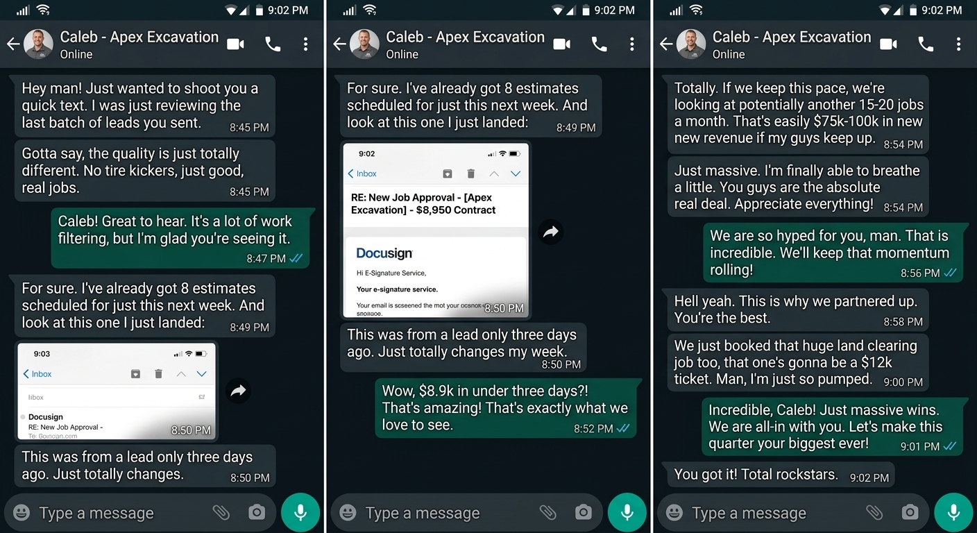 Caleb from Apex Excavation landed an $8,950 contract three days after a lead came in.